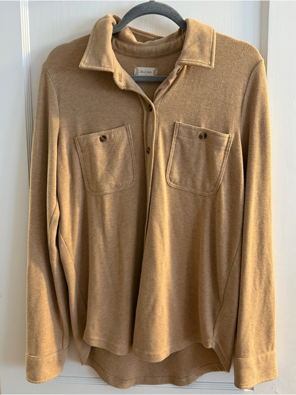 Altar'd State Button-Up Sweater Shirt in Camel/Tan